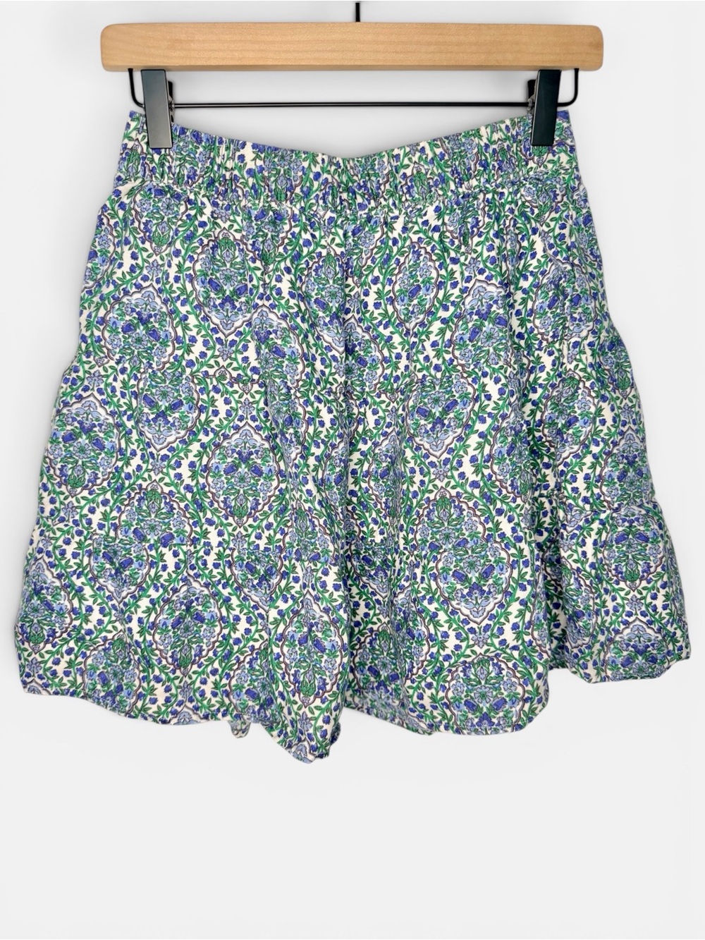 BODEN 100% Linen Mini Skirt with Pockets Blue Green Floral Paisley | Size 6P